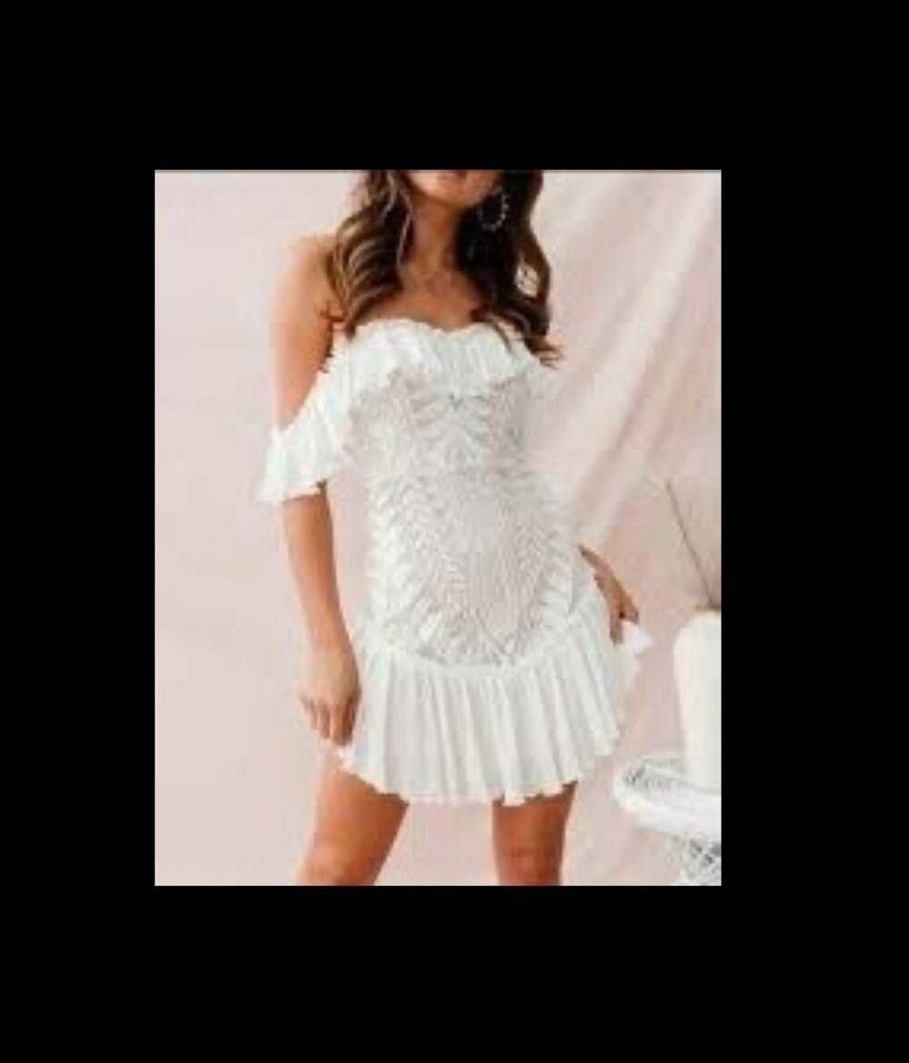 NWT -Saints + Secrets Off-Shoulder White Lace Ruffle Mini Dress ST1570D-L